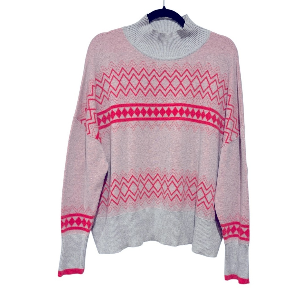 Edinburgh Knitwear Fair Isle 100% Pima Cotton Mock Neck Pink Gray Sweater M